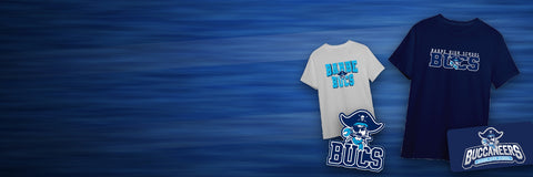 Barbe High School Bucs spirit wear: navy and silver Bucs tees, decal and license plate
