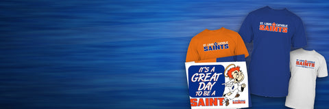 St. Louis Catholic High Saints spirit wear: blue and orange Saints tees, yard sign and football shirt